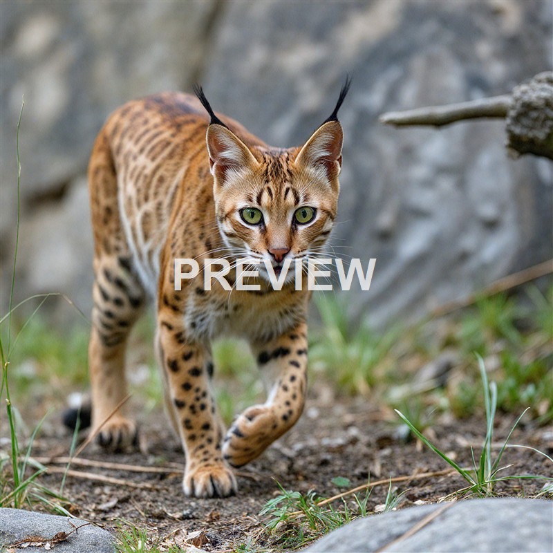 A wild feline with a golden coat and black spots, walking through a rocky terrain with green grass and blurred rocks in the background.
